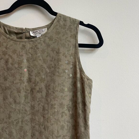 Tamotsu Women's Petite Sleeveless Floral Tropical Print Silk Green Dress Size M - Picture 4 of 8